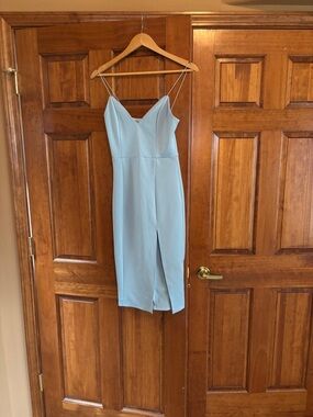 Showpo Powder Blue Spaghetti Strap Midi Dress with Front Slit